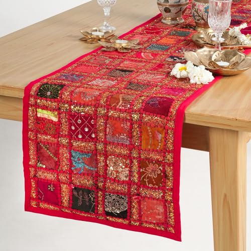 Waschbar Baumwolle Rot Tischläufer 40x182 cm Dekorativ Indische Hand Bestickt Patchwork Tischset für Küche Raum Esstisch Weihnachten Hochzeitsfeier von RAJRANG BRINGING RAJASTHAN TO YOU