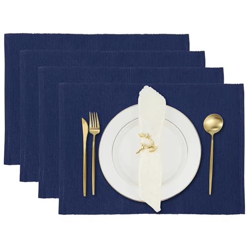 Navy Blue Dinning Placemat Set 4-48 * 33 cm fein Gerippter Baumwollküchen Küchentisch Tischemat für Heimküche, Café Restaurant von RAJRANG BRINGING RAJASTHAN TO YOU