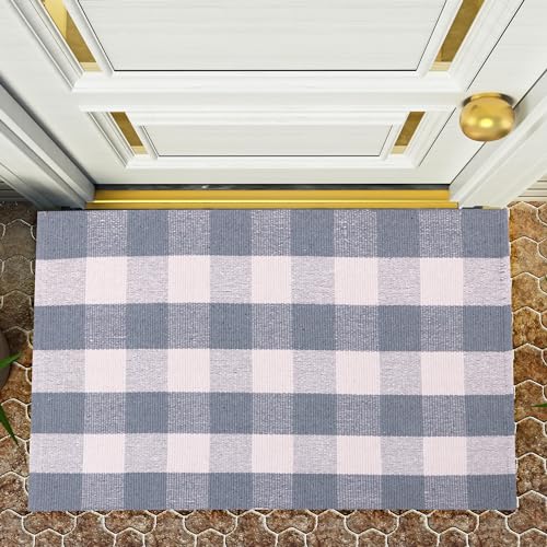 RAJRANG Reine Baumwoll Tradewinds Grau und Weiß Karierte Kartee Teppich im Freien Innenhaus Waschmaschinenmatte für Innenbauer Bauernhäuser 152 x 91 cm von RAJRANG BRINGING RAJASTHAN TO YOU