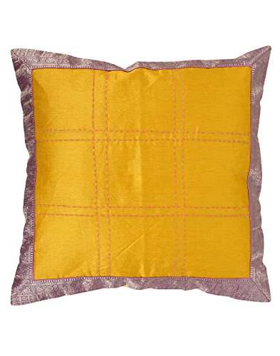 Rajrang Gelb Kunst-Seide & Brokat Kissenbezug Kantha Handarbeit Ezelstück Kissenbezug von RAJRANG BRINGING RAJASTHAN TO YOU