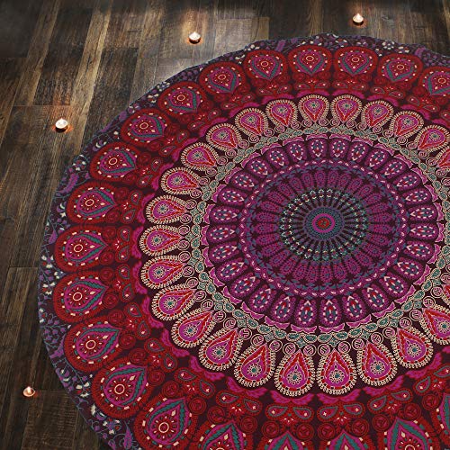 RAJRANG BRINGING RAJASTHAN TO YOU Runder Pfauenteppich Rosa und lila182 cm Psychedelic Mandala Roundie Tischdecke Boho Chic Baumwollüberwürfe für Picknick Camping von RAJRANG BRINGING RAJASTHAN TO YOU