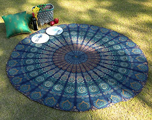 Runder Wandteppich Peacock Mandala 122 Zentimeter Roundie Hippie Tischdecke Wandbehang Dekorative Wandteppiche Boho Bettwäsche Indische handgemachte Bettdecke aus reiner Baumwolle von RAJRANG BRINGING RAJASTHAN TO YOU