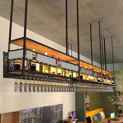 RAJYQODIS Deckenregal Weinregal, Hängendes Weinglasregal aus Metall, 2-stufiges Bar-Display Weinlagerhalter, für Bar Restaurant Cafe Küche (Schwarz, 160cm) von RAJYQODIS