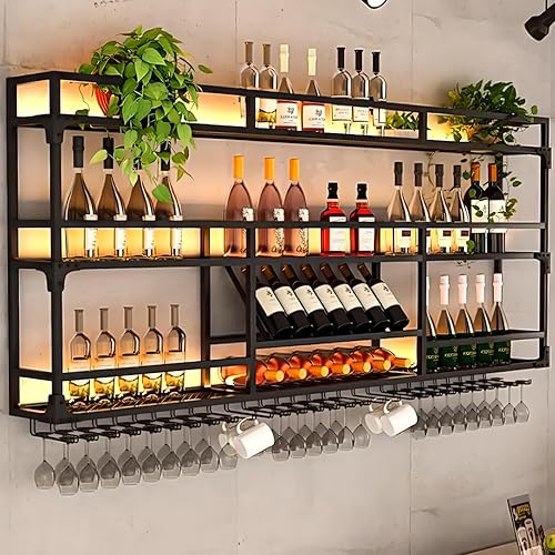 RAJYQODIS Metall Wand Weinregal mit Glasregal,Wandmontage Wine Display-Ständer, Mehrstufige Flaschenaufbewahrung für Küche Esszimmer Bar (Schwarz, 150CM) von RAJYQODIS
