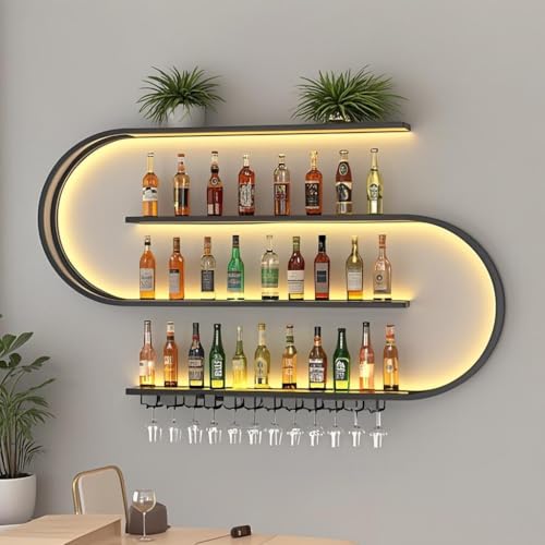 RAJYQODIS Weinregal zur Wandmontage, schwebendes Barregal mit 4 Ebenen, Industriedesign, Flaschenregal aus Metall, für die Heimbar, Esszimmer, Dekoration, Schwarz (150cm) von RAJYQODIS