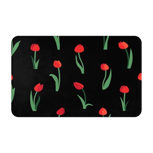 RAKFURF Teppich, maschinenwaschbar, mit rutschfester Unterseite, Tulpen, Rot, Grün, Schwarz, bedruckt, Vintage, Heimdekoration, Bodendekoration, Teppichmatte für Wohnzimmer, Schlafzimmer, Badezimmer RAKFURF Teppich, maschinenwaschbar, mit rutschfester Unterseite, Tulpen, Rot, Grün, Schwarz, bedruckt, Vintage, Heimdekoration, Bodendekoration, Teppichmatte für Wohnzimmer, Schlafzimmer, Badezimmer von RAKFURF