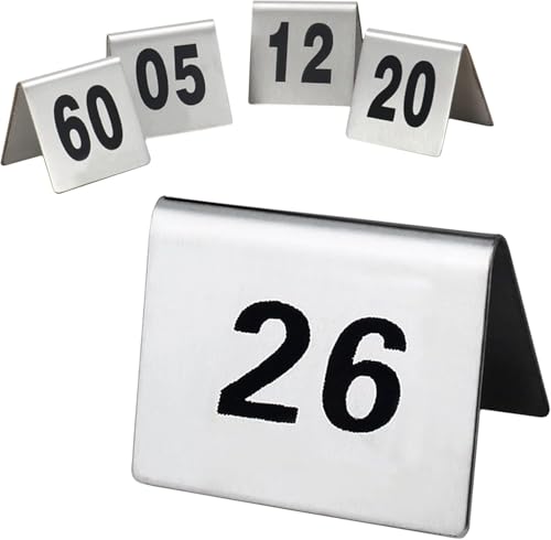 Doppelseitige Tischnummern, 50 x 40 mm große Tischkarten aus Edelstahl im Zeltstil, stapelbare Metallnummernschilder von 1–50/100 for Restaurants, Bars, Partys, Hochzeiten(1 to 100) von RAKKYOFD