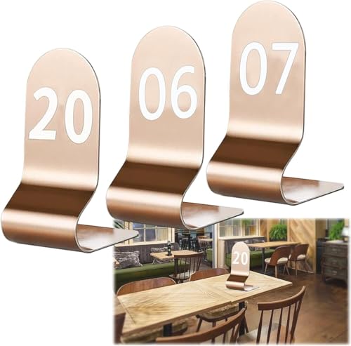Edelstahl Tischschilder Doppelseitig, Stehende Tischnummer 1-10/20, Leicht Abwaschbar, Platzsparend, Metall Nummernschilder Stapelbar for Restaurants(Rose Gold,1-10(12x6cm)) von RAKKYOFD