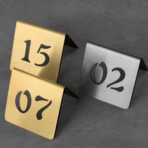 Selbststehende Tischkarten, Tischnummern-Set aus Edelstahl, doppelseitige Tischnummern 1–50, Tischnummern im Zeltstil for Restaurants und Cafés, Tischnummern aus Metall(Gold 8cm,11-15) von RAKKYOFD