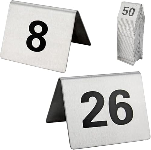 Tischkarten aus Metall im Zeltstil, Tischnummern for Restaurants aus Edelstahl, 50 x 40 x 35 mm, digitales Schild mit Sitzkarten 1-50/1-100, Tischkarten mit doppelseitigen schwarzen Zahlen(1 to 50) von RAKKYOFD