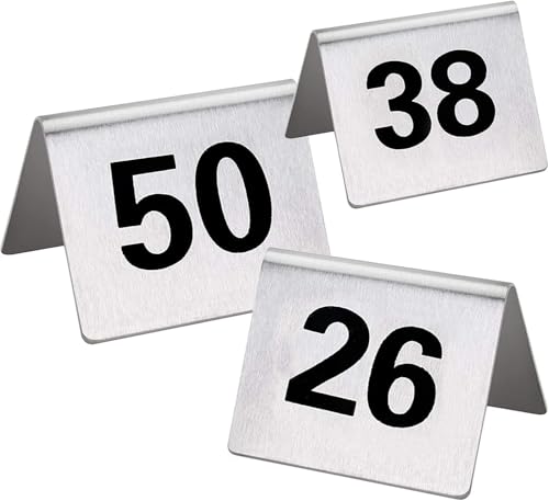 Tischnummern aus Edelstahl for Hochzeitsempfänge, digitales Schild, Sitzkartennummer 1–100, 5 x 4 x 3,5 cm, stapelbare Metall-Tischkarten im Zeltstil, einfaches Platznehmen(1 to 50) von RAKKYOFD