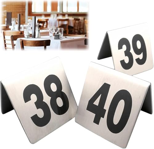 Tischnummern aus Edelstahl im Zeltstil, stapelbar, 1-50/1-100 Tischnummern for Hochzeitsempfänge, leicht zu reinigen, stabiler Stand, Nummernschilder aus Metall(1 to 100) von RAKKYOFD
