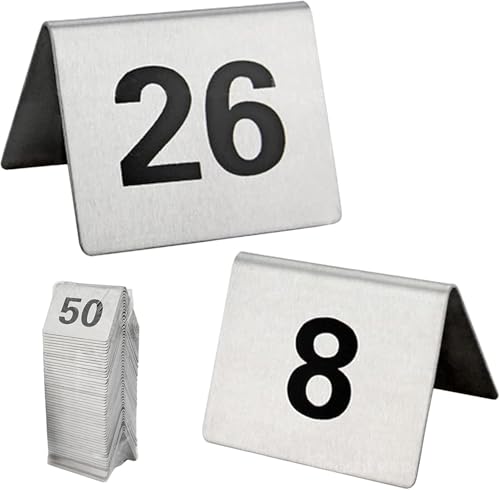 Tischnummernschild 50 x 40 x 35 mm, Edelstahl-Tischschilder im Zeltstil, Tischkarten for Hochzeitsempfänge, doppelseitige schwarze Zahlen 1-50/1-100, stapelbare Aufbewahrung(1 to 100) von RAKKYOFD