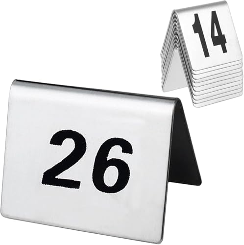 Tischnummernschild aus Edelstahl, Tischkarten im Zeltstil 1-50/100, Metall-Tischkarte for Restaurants und Cafés, doppelseitige schwarze Zahlen, stapelbare Aufbewahrung(1 to 100) von RAKKYOFD