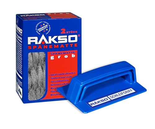 RAKSO Spänematten grob + Schleifgriff aus Kunststoff und Klett, 2 langlebige Stahlspänematte für die Reinigung starker Verschmutzungen von RAKSO