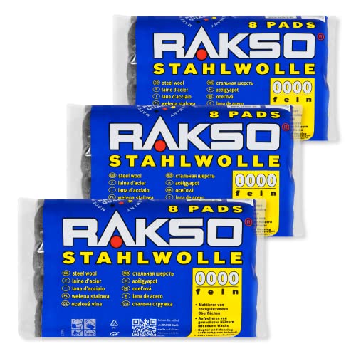 RAKSO Stahlwolle extrafein 0000-24 Pads - 3x8 Stk. - poliert gewachstes Holz, Kupfer, Messing, mattiert Oberflächen, säubert Glas von RAKSO