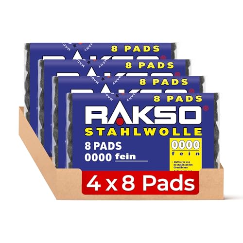 RAKSO Stahlwolle extrafein 0000-32 - 4x8 Stk. poliert gewachstes Holz, Kupfer, Messing, mattiert Oberflächen, säubert Glas von RAKSO