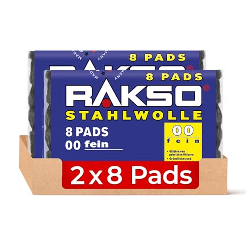 RAKSO Stahlwolle fein 00-16 Pads - 2x8 Stk. glättet Hölzer, Reinigung Kunststoffjalousien, Gartenmöbel, Aluminium aufpolieren von RAKSO