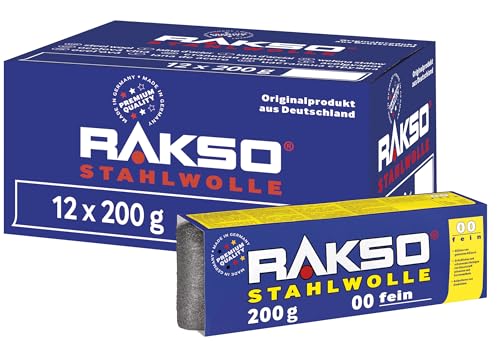 RAKSO Stahlwolle fein 00-2,4 kg, 12 Banderolen à 200g, glättet Hölzer, Reinigung Kunststoffjalousien, Gartenmöbel, aufpolieren Aluminium von RAKSO