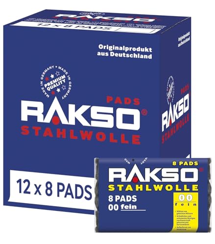 RAKSO Stahlwolle fein 00-96 Pads - 12x8 Stk. - glättet Hölzer, Reinigung Kunststoffjalousien, Gartenmöbel, Aluminium aufpolieren von RAKSO