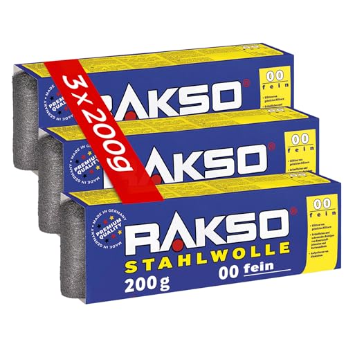 RAKSO Stahlwolle fein 00-600 g, 3 Banderolen à 200g, glättet Hölzer, Reinigung Kunststoffjalousien, Gartenmöbel, aufpolieren Aluminium von RAKSO