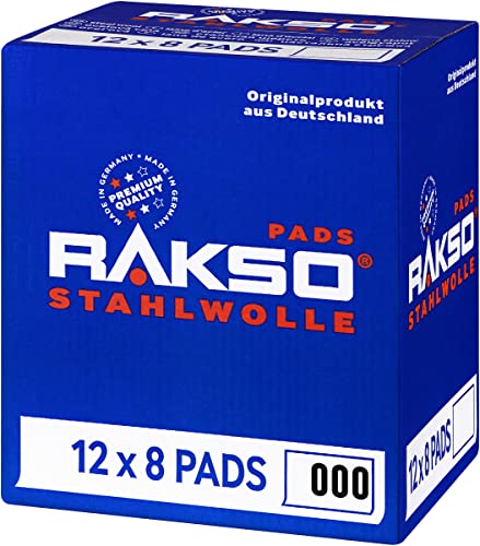 RAKSO Stahlwolle fein 000-96 Pads - 12x8 Stk. - Zwischenschliff von Lack, Schellack, poliert Kupfer, Messing & Wachs auf Holz von RAKSO