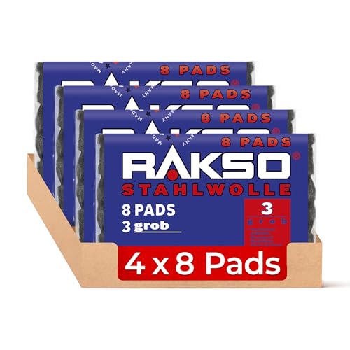 RAKSO Stahlwolle grob 3-32 Pads - 4x8 Stk. verstärkt natürliche Maserung von Holz, säubert Glas, aufrauen von altem Lack, Farbe RAKSO Stahlwolle grob 3-32 Pads - 4x8 Stk. verstärkt natürliche Maserung von Holz, säubert Glas, aufrauen von altem Lack, Farbe von RAKSO