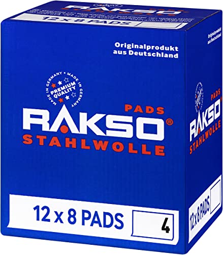 RAKSO Stahlwolle grob 4-96 Pads - 12x8 Stk. - entfernt Öl, Fett auf Metall, reinigt Natur, Kunststein, Anschleifen von altem Holz von RAKSO
