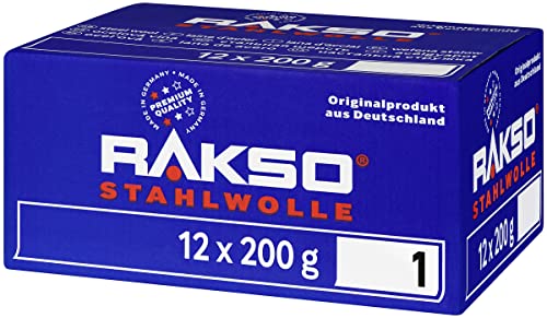 RAKSO Stahlwolle mittel 1-2,4 kg, 12 Banderolen à 200g, glättet Holzoberflächen, entfernt alten Lack v. Antikmöbeln, säubert Hartgummiböden von RAKSO