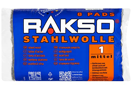 RAKSO Stahlwolle mittel 1-8 Pads, glättet Holz, entfernt alten Lack von Antikmöbeln, säubert Hartgummiböden von RAKSO