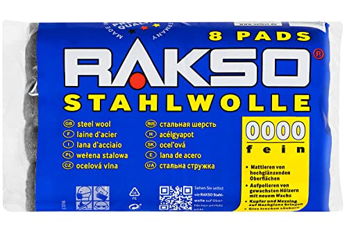 RAKSO Stahlwolle extrafein 0000-8 Pads, poliert gewachstes Holz, Kupfer, Messing, mattiert Oberflächen, säubert Glas von RAKSO