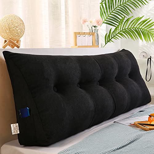 Raktov Dreieckiges Kopfteilkissen mit abnehmbarem Bezug, Polster mit Holzrücken, dreieckiges Lesekissen, einfarbiges Keil-Kopfteilkissen für Bett, Sofa, Schlafzimmer, 100 x 50 x 20 cm, Schwarz von RAKTOV