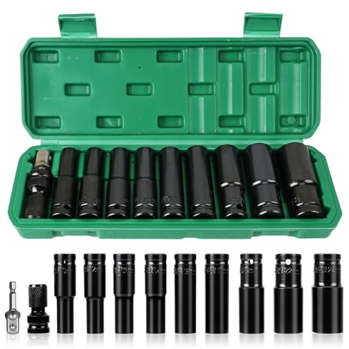 11Pcs Schlagschrauber Nüsse Set 1/2 Zoll Steckschlüsselsatz 10-24mm, Stecknuss Set 1/2 Zoll mit Stecknuss Adapter und Verlängerungsstange, Sechskant Stecknüssel für Autoreparaturen Reifenwechsel von RAKUTE