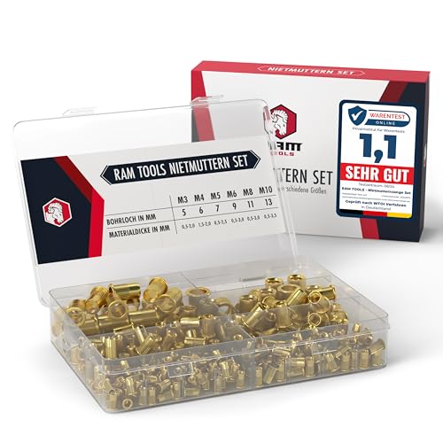 RAM TOOLS® Nietmuttern Set | 155 tlg Gewindehülsen Set | UNIVERSELL passend für Nietmutternzange | Einnietmuttern Set | Gewindehülse 6 Größen von RAM TOOLS
