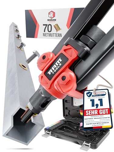 RAM TOOLS® Nietmutternzange, Nietzange Set inkl. 70 Nietmuttern, MIT Bohrloch/-größentabelle, Dorne in M3 M4 M5 M6 M8 M10 M12, Profi Blindnietmutternzange von RAM TOOLS