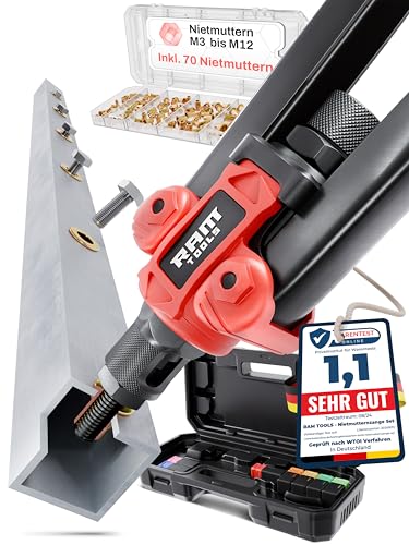 RAM TOOLS® Nietmutternzange, Nietzange Set inkl. 70 Nietmuttern, MIT Bohrloch/-größentabelle, Dorne in M3 M4 M5 M6 M8 M10 M12, inkl. Nietmutternbox von RAM TOOLS
