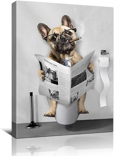 RAMEFLAO Lustige Hunde-Badezimmer-Wandkunst, schwarz-weiß, Hunde-WC, Bild, Leinwand, Bulldogge, Badezimmer-Dekor, modernes Gemälde, Heim-Wanddekoration für Badezimmer, gerahmt, fertig zum Aufhängen, von RAMEFLAO