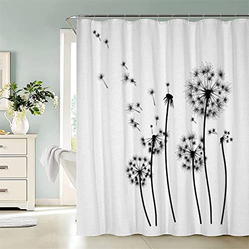 Duschvorhang 120x200 Löwenzahn, Duschvorhänge Antischimmel 3D Schwarz Und Weiß, Shower Curtains Wasserdicht Waschbar, Duschrollo für Badewanne Dusche Badezimmer, mit 8 Ringe von RAMOTE