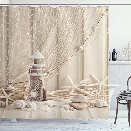 Duschvorhang 180x180 Leuchtturm, Duschvorhänge Antischimmel 3D Strand Seestern, Shower Curtains Wasserdicht Waschbar, Duschrollo für Badewanne Dusche Badezimmer, mit 12 Ringe von RAMOTE