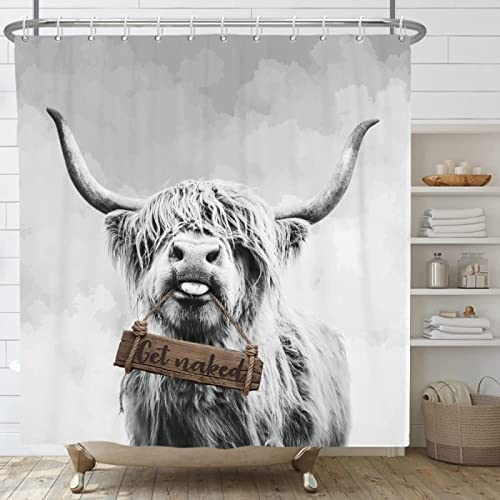 Duschvorhang 240x200 Graues Hochlandrind, Duschvorhänge Antischimmel 3D Interessant, Shower Curtains Wasserdicht Waschbar, Duschrollo für Badewanne Dusche Badezimmer, mit 12 Ringe von RAMOTE