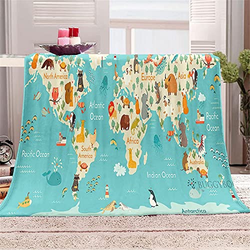 Kuscheldecke 140x200 Weltkarte, 3D Gedruckte Flanell Fleecedecke Cartoon-Tiere Weiche und Warme Wohndecke, Decke als Sofadecke, Tagesdecke Wolldecke für Kinder Erwachsene von RAMOTE