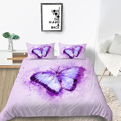RAMOTE Bettwäsche 135x200 Lila Schmetterling, Weiche Microfaser 3D Bettbezug Violett, Bettbezüge Lila Schmetterling und 2 Kissenbezug 80x80 cm von RAMOTE