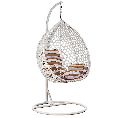 Luxus Hängesessel Style XXL Rattan Korb und Gestell Weiss mit Relaxkissen Braun von RAMROXX