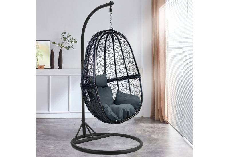 RAMROXX Hängesessel Luxus FUN XL Gestell Schwarz mit Korb Schwarz und Kissen Dunkel Grau von RAMROXX
