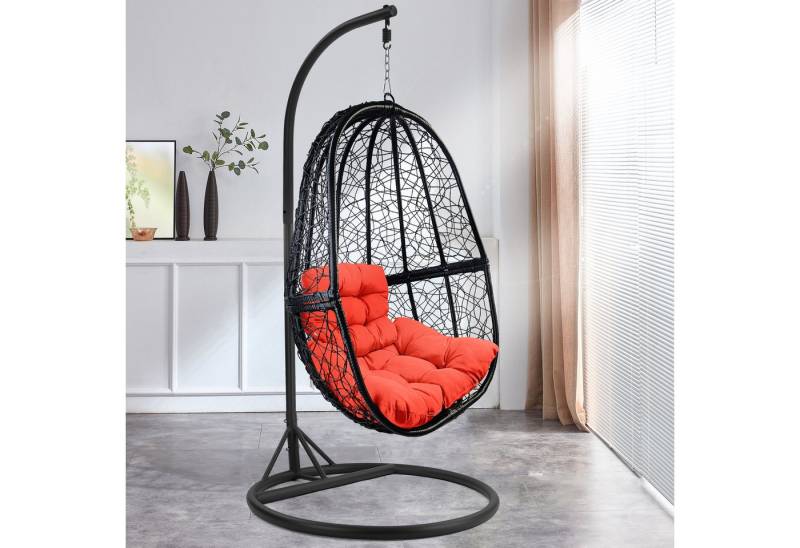 RAMROXX Hängesessel Luxus FUN XL Gestell Schwarz mit Korb Schwarz und Kissen Orange von RAMROXX