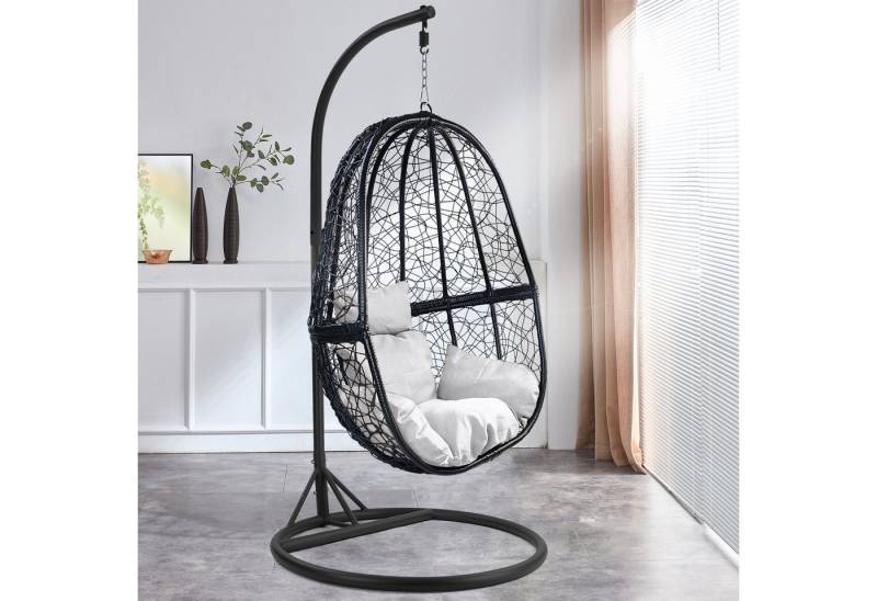 RAMROXX Hängesessel Luxus FUN XL Gestell Schwarz mit Korb Schwarz und Kissen Weiss von RAMROXX