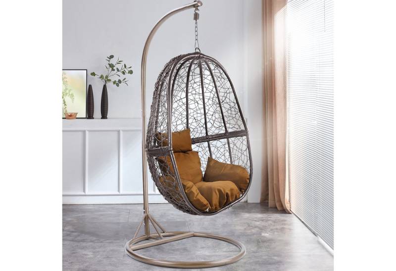 RAMROXX Hängesessel Fun XL Polyrattan Korb Braun Gestell Braun Kissen Braun von RAMROXX