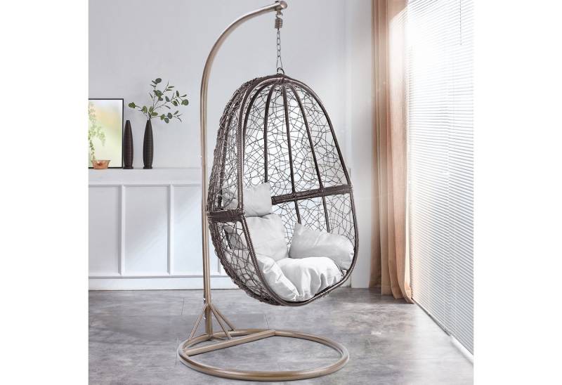 RAMROXX Hängesessel Fun XL Polyrattan Korb Braun Gestell Braun Kissen Weiß von RAMROXX