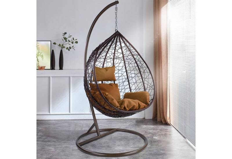 RAMROXX Hängesessel Hängesessel Miami XL Polyrattan mit Korb Gestell Kissen Hellbraun von RAMROXX