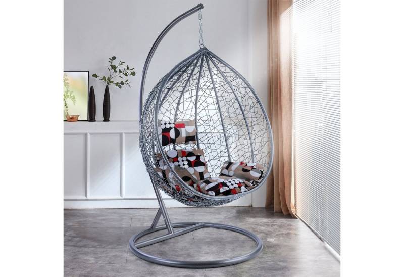 RAMROXX Hängesessel Hängesessel Miami XL Rattan Korb Grau Gestell silber Kissen Modern von RAMROXX